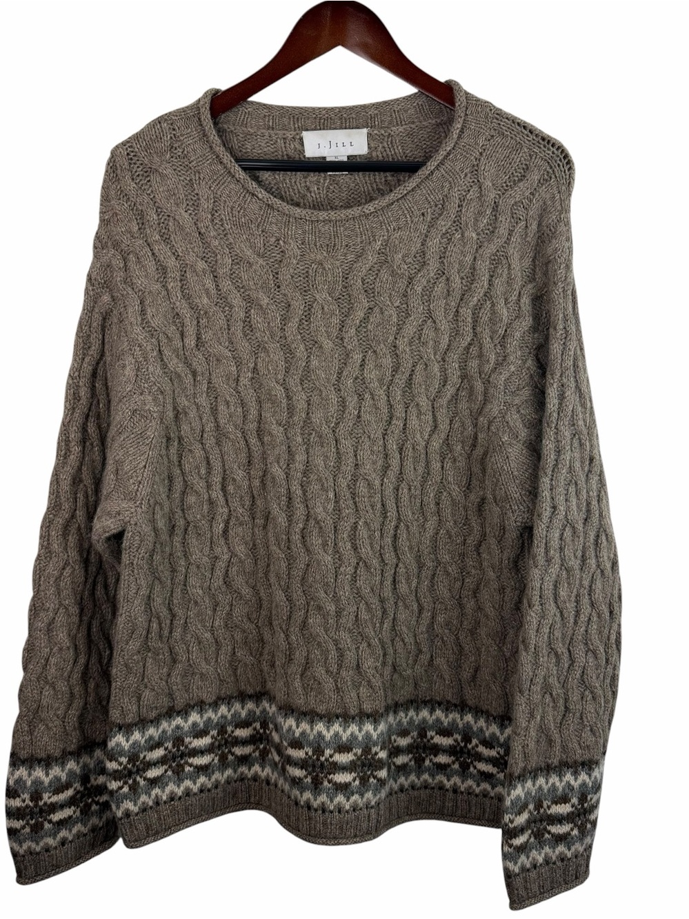 J. Jill Vintage | Tan Brown Cable Knit Wool Fair Isle Sweater
